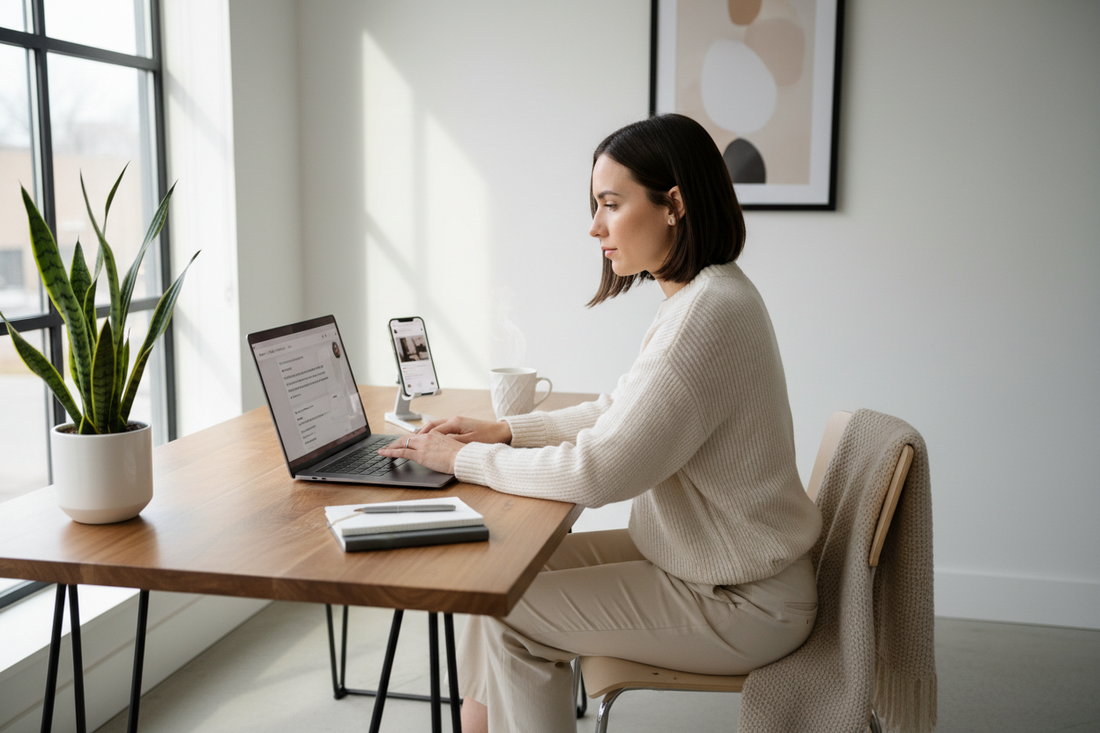 Small business owner creating social media content using phone and laptop in a minimal workspace