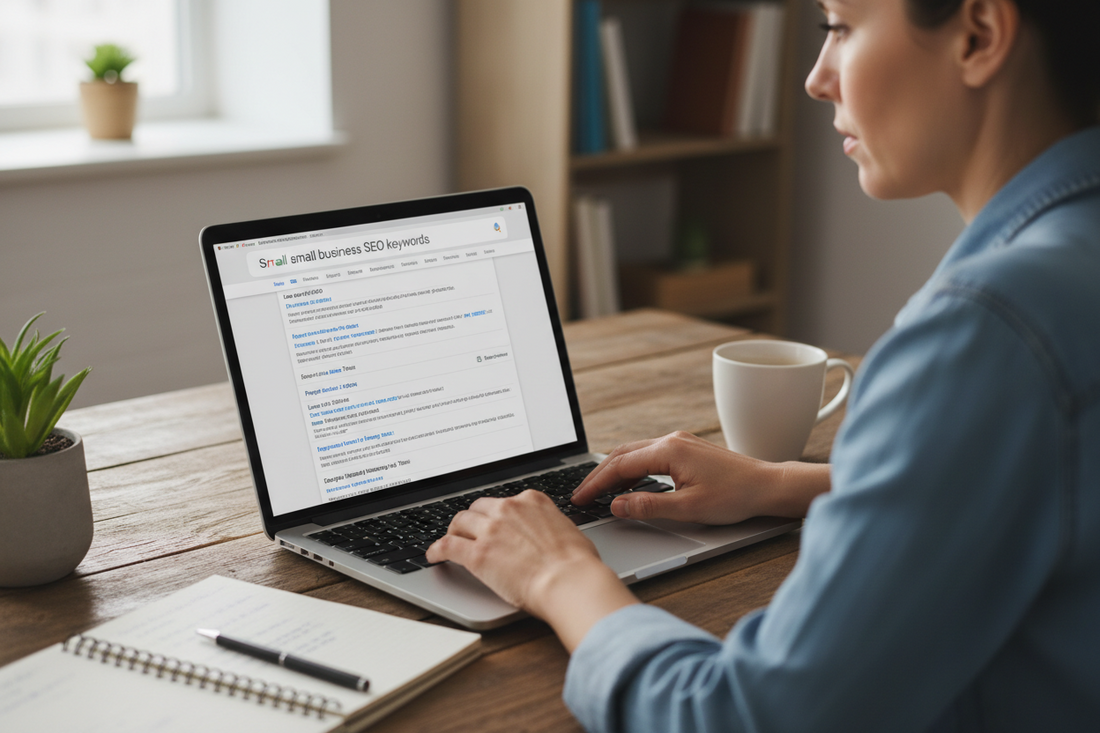 Small business owner researching SEO keywords on laptop with Google search results open