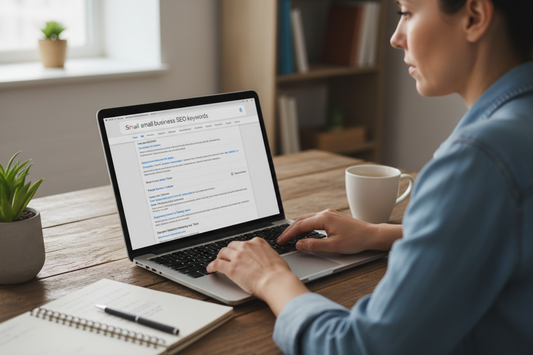 Small business owner researching SEO keywords on laptop with Google search results open