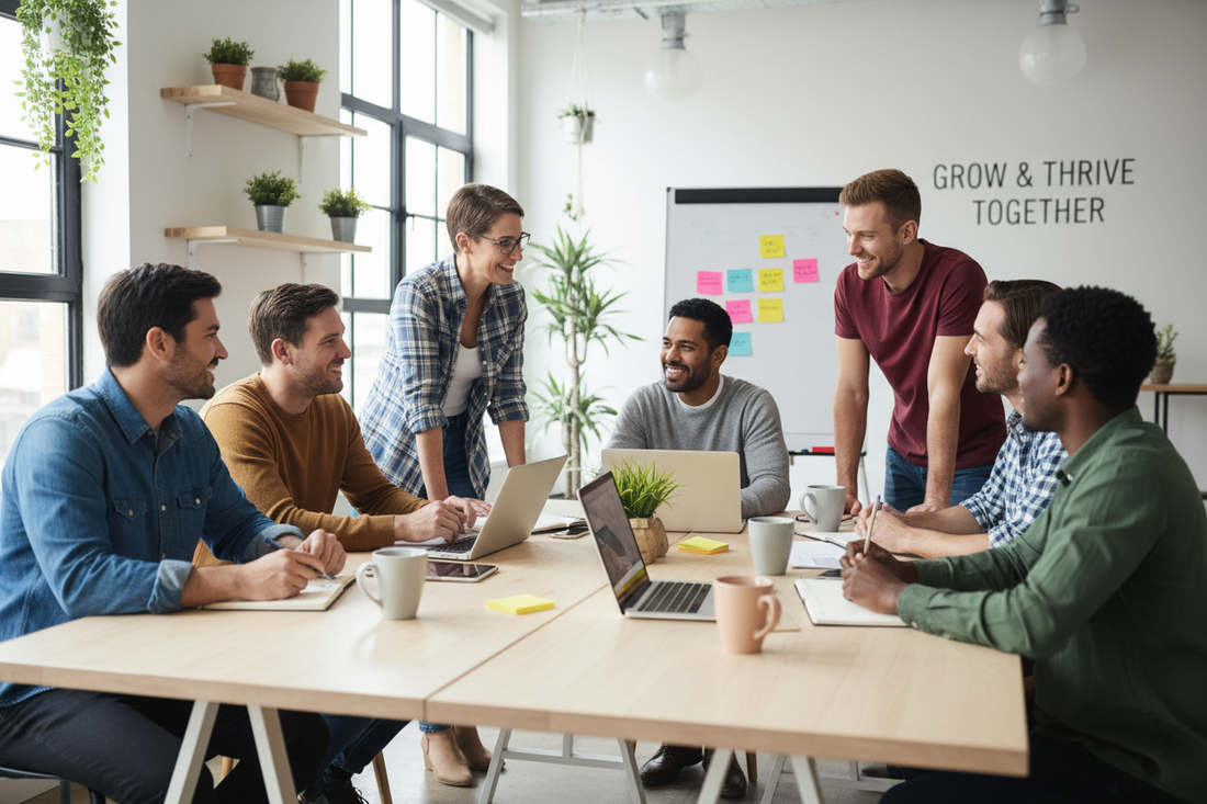 Small business owners collaborating and brainstorming together in a supportive community setting